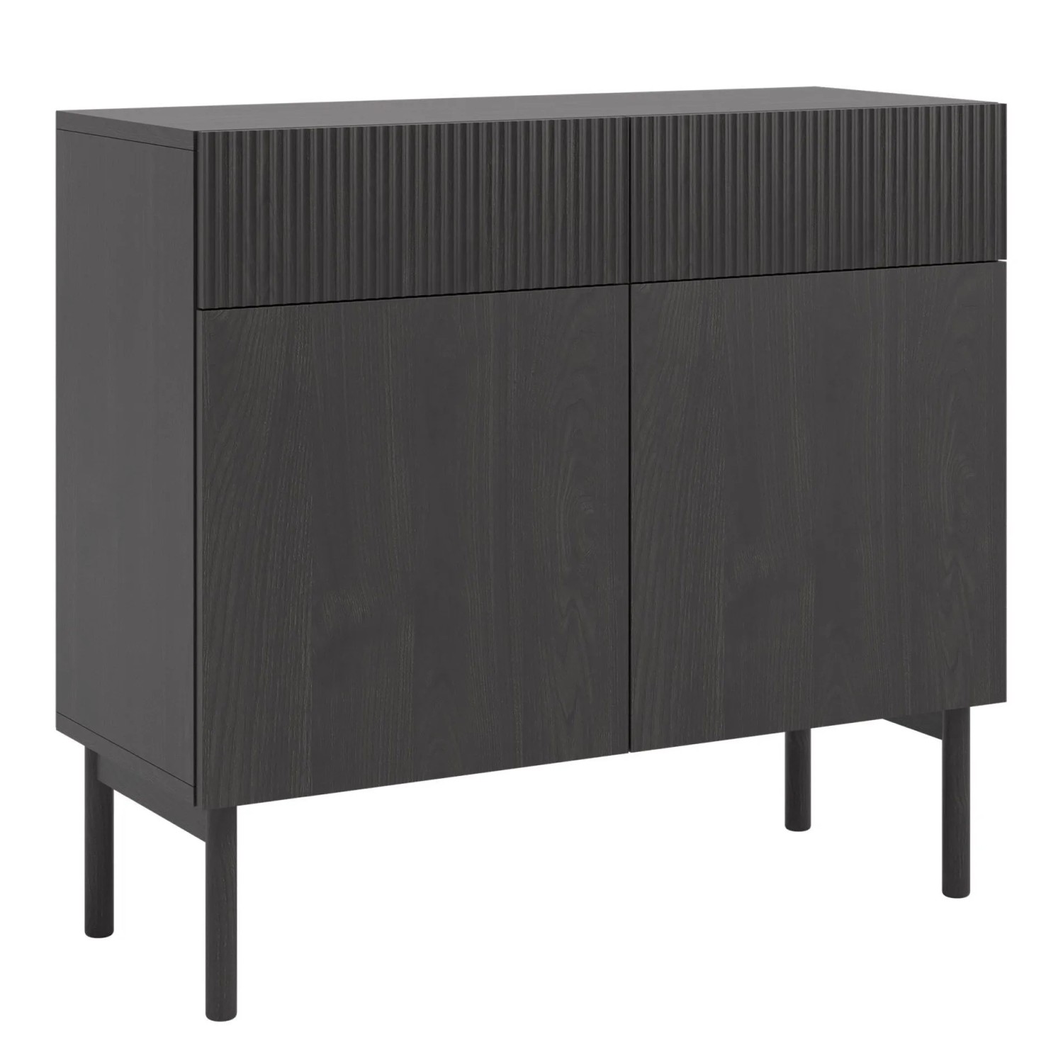 Selsey Sideboard Nolie, 100 cm, schwarz, mit zwei Türen, zwei Schubladen und geriffelter Oberfront. Japandi-Stil Kommode auf Holzbeinen.