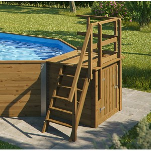 Weka Massivholzpool 594 Sparset mit Holztreppe und Technikraum im Garten.