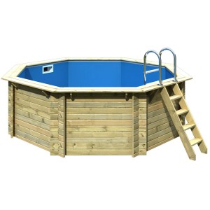 Karibu Holzpool Set mit Leiter und Skimmer. Kesseldruckimprägniertes Holz und blaue Innenfolie.