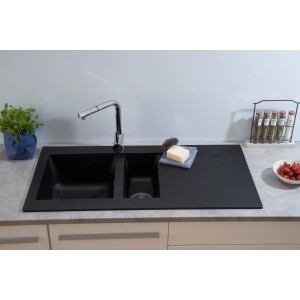 Respekta Mineralite Einbauspüle Denver, 100x50 cm, Schwarz, mit Abtropffläche und zwei Becken.