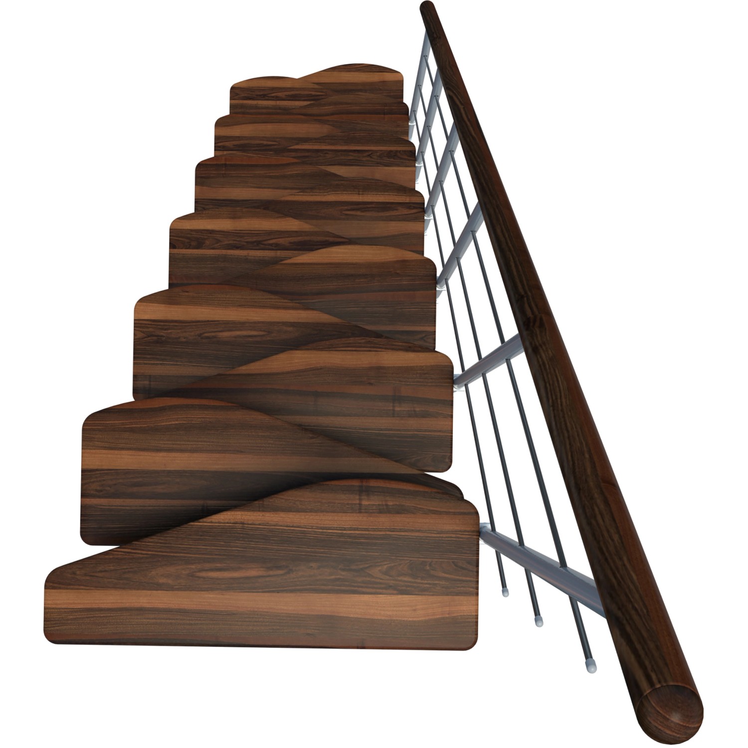 Minka Raumspartreppe Quatro in Walnuss/Weiß, Innentreppe mit Holzstufen und Metallgeländer.