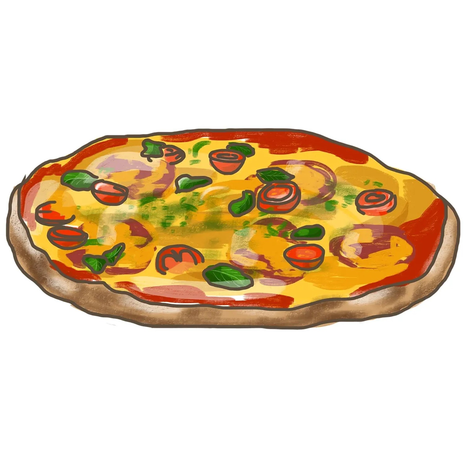 Illustration einer Pizza mit Tomaten und Oregano. Küchenkräuter für mediterrane Gerichte.