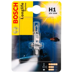 Bosch GLL Longlife H1: Langlebige H1-Glühbirne für Autoelektrik mit erhöhter Leuchtkraft.
