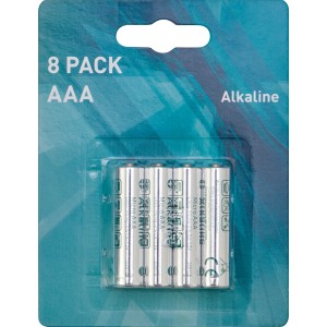 Verpackung mit 8 Micro AAA Alkaline Batterien für diverse Geräte.