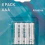 Verpackung mit 8 Micro AAA Alkaline Batterien für diverse Geräte.
