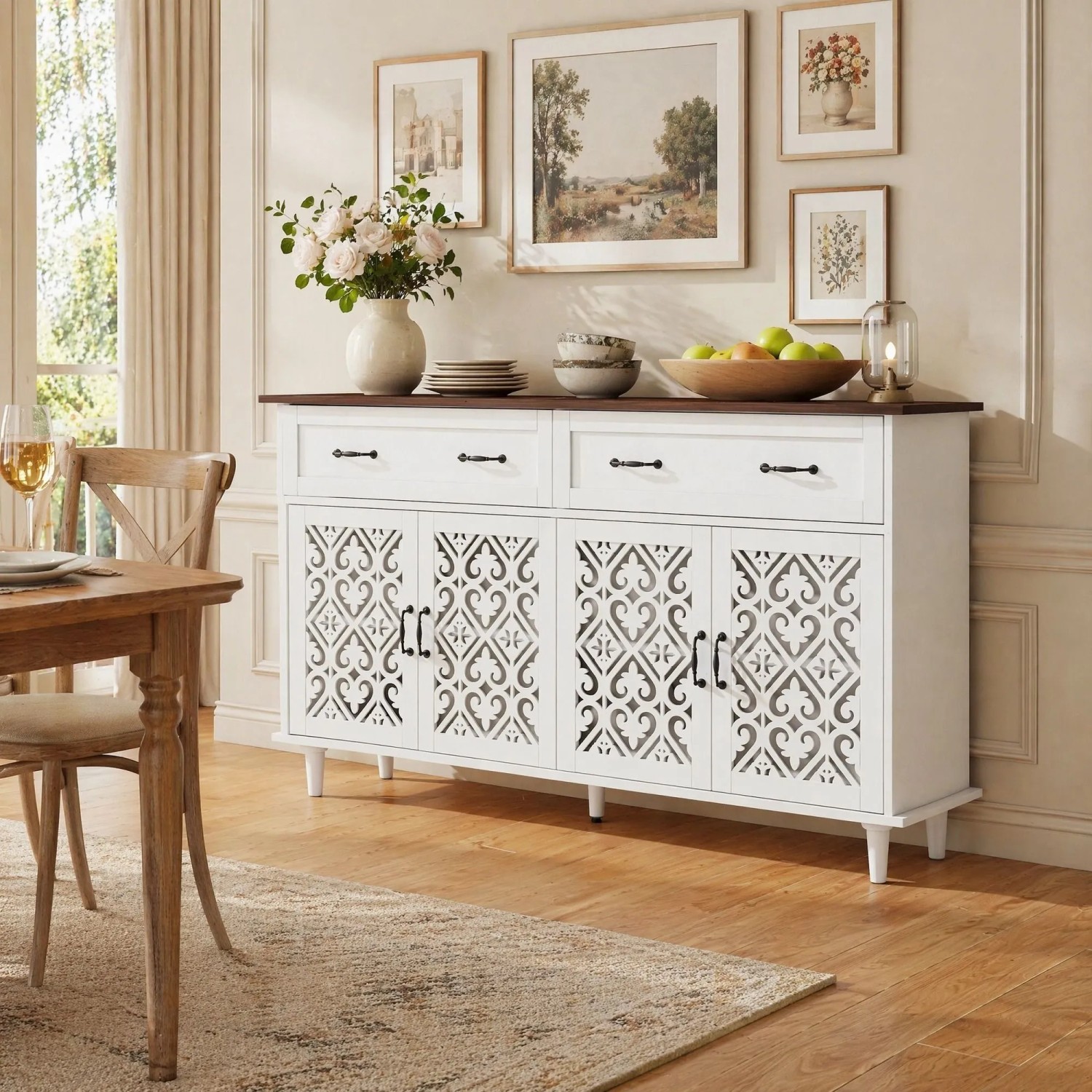 okwish Sideboard mit 4 Türen 2 Schubladen Wohnzimmer 150x90x40cm Weiß_2