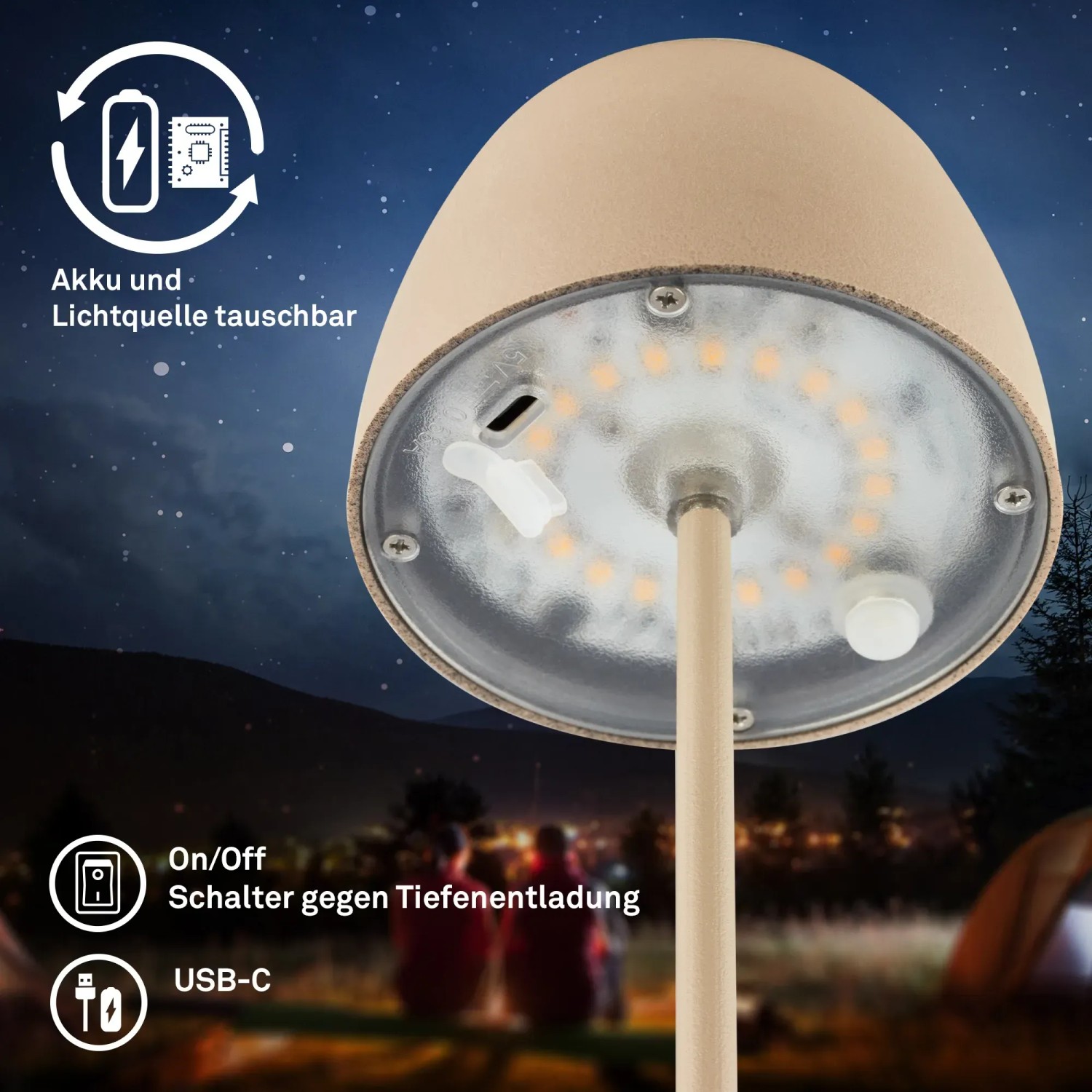 Brilo LED-Akku-Tischleuchte Serina Mini, beige, 20cm. Außen-Dekoleuchte mit wechselbarem Akku und USB-C Anschluss.