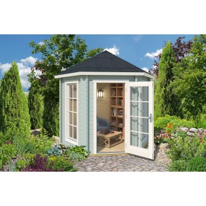 Gletschergrüner Lasita Maja Pavillon Inverness mit geöffneter Doppeltür und Fenstern.