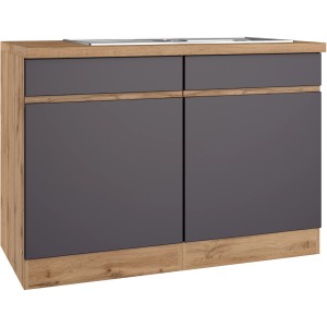 Held Möbel Spülenunterschrank Turin 120 cm, Graphit/Wotaneiche, mit 2 Türen und Edelstahlspüle.