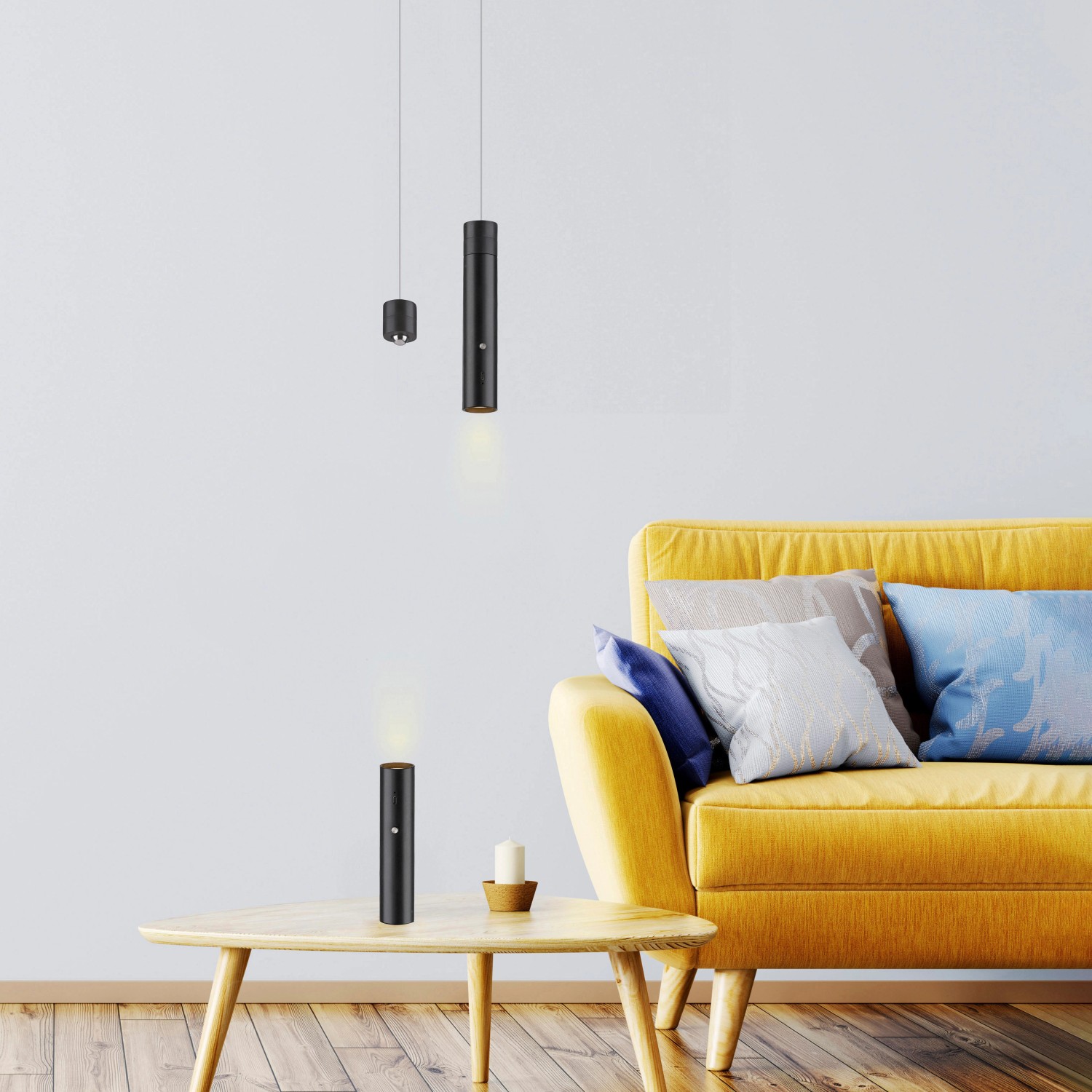 Schwarze Just Light LED Akku-Pendelleuchte Attach, 120 cm, als Deko-Leuchte im Wohnraum.