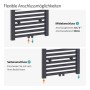 Anthrazit Badheizkörper mit flexiblen Anschlussmöglichkeiten: Mittelanschluss (G1/2", 50mm) und Seitenanschluss für einfache Installation.
