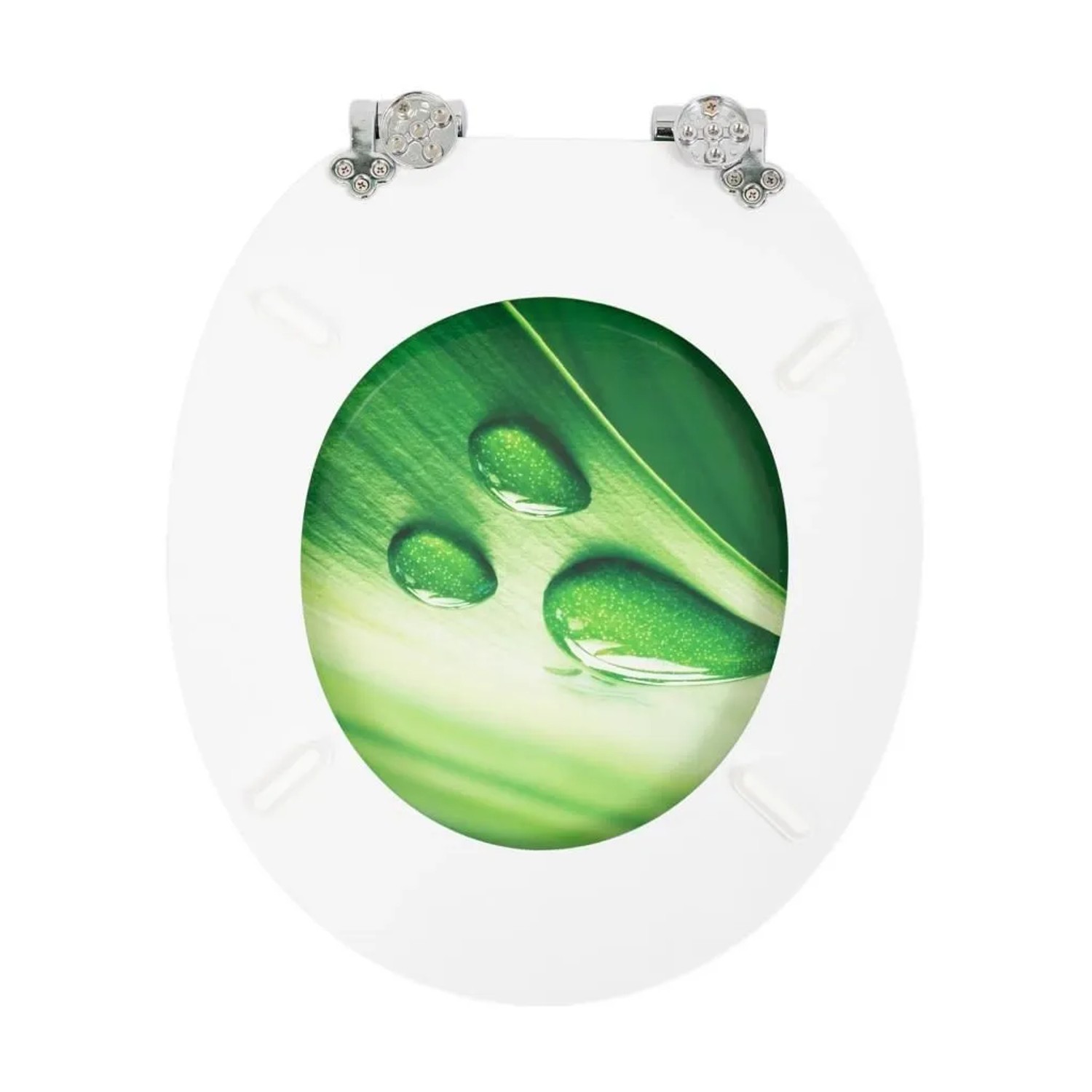 Sinobath WC-Sitz mit Absenk-Automatik, weiß, mit grünem Blätter-Design und Wassertropfen. Robust und leicht zu reinigen.