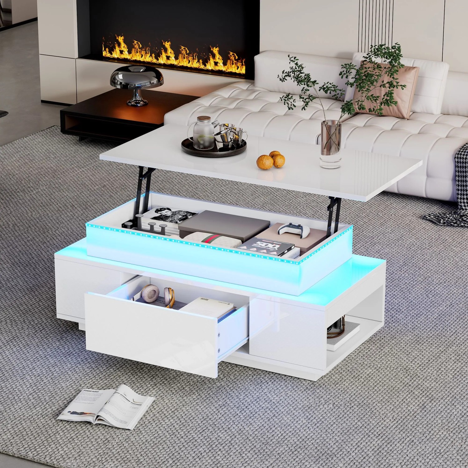 Merax Couchtisch Höhenverstellbar mit Stauraum Schublade LED Hochglanz Weiß kaufen bei OBI