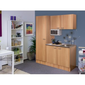 Flex-Well Singleküche 150 cm in Nano Buche mit Spüle und Mikrowelle.