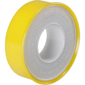 Gelbes Rothenberger Industrial Teflonband im Spender, 10 m, für dichte Schraubverbindungen.