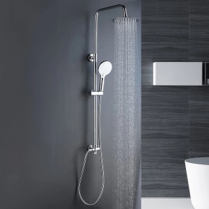 Edelstahl Duschsystem mit runder Regendusche und Handbrause im modernen Badezimmer.