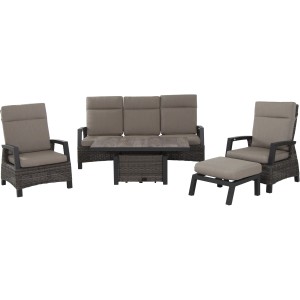 Siena Garden Gartenmöbel-Set Corido, bestehend aus Sofa, Sessel, Hocker und Tisch in Holzkohlegrau.