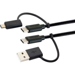 Schwarzes Schwaiger 4-in-1 Ladekabel mit USB-A, zwei USB-C und Micro-USB Anschlüssen, 1,5 m lang.