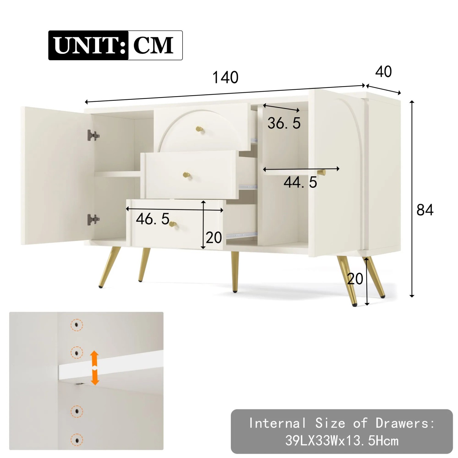 okwish Kommode mit Türen Schubladen Wohnzimmer Schlafzimmer 84x140x40cm Cremeweiß_5