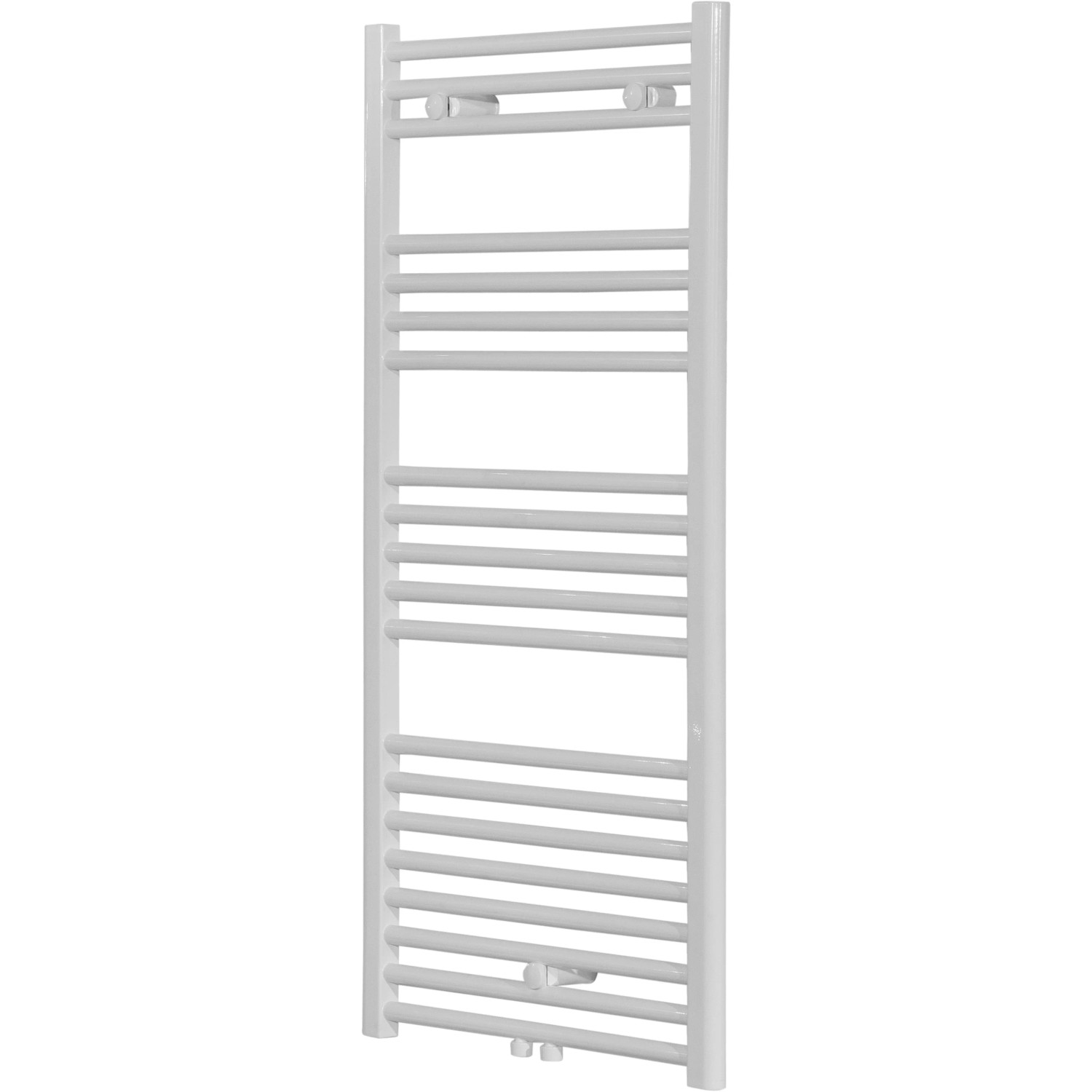 Weißer Sanotechnik Badheizkörper Bari 1188x500 mm mit Mittelanschluss.