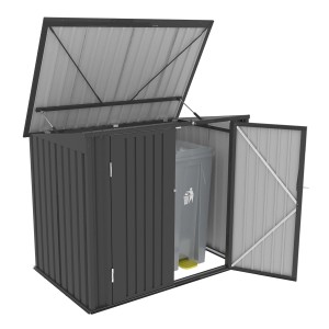 Tepro Universalbox Store Midi, anthrazitfarbene Gerätebox mit geöffnetem Dach und Tür.