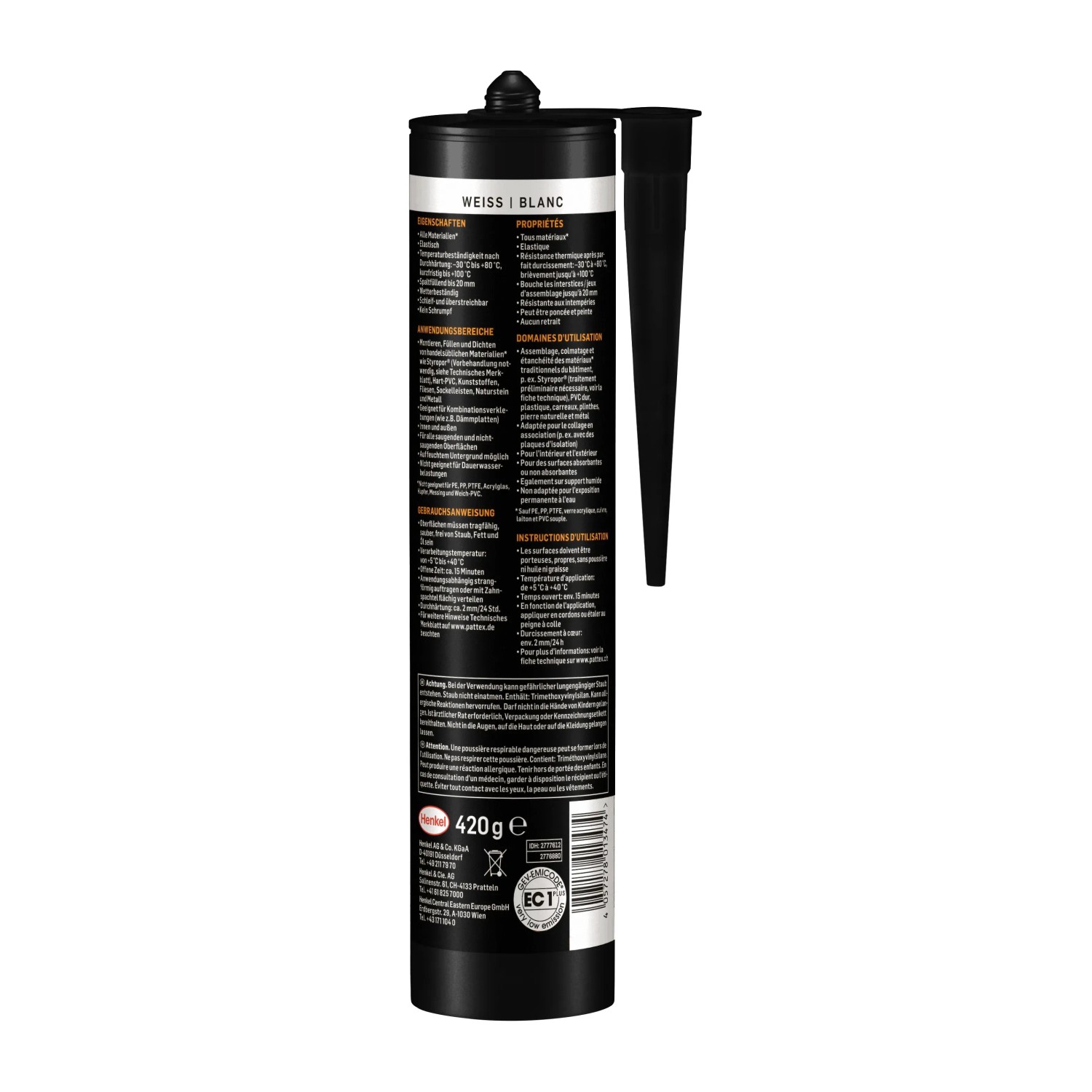 Pattex Montagekleber Universal, weiße Kartusche, 420g. Klebstoff für vielfältige Anwendungen.