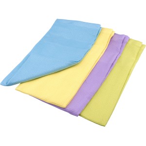 Purclean Mikrofaser Geschirrtücher, 4er-Set in Blau, Gelb, Lila und Grün.