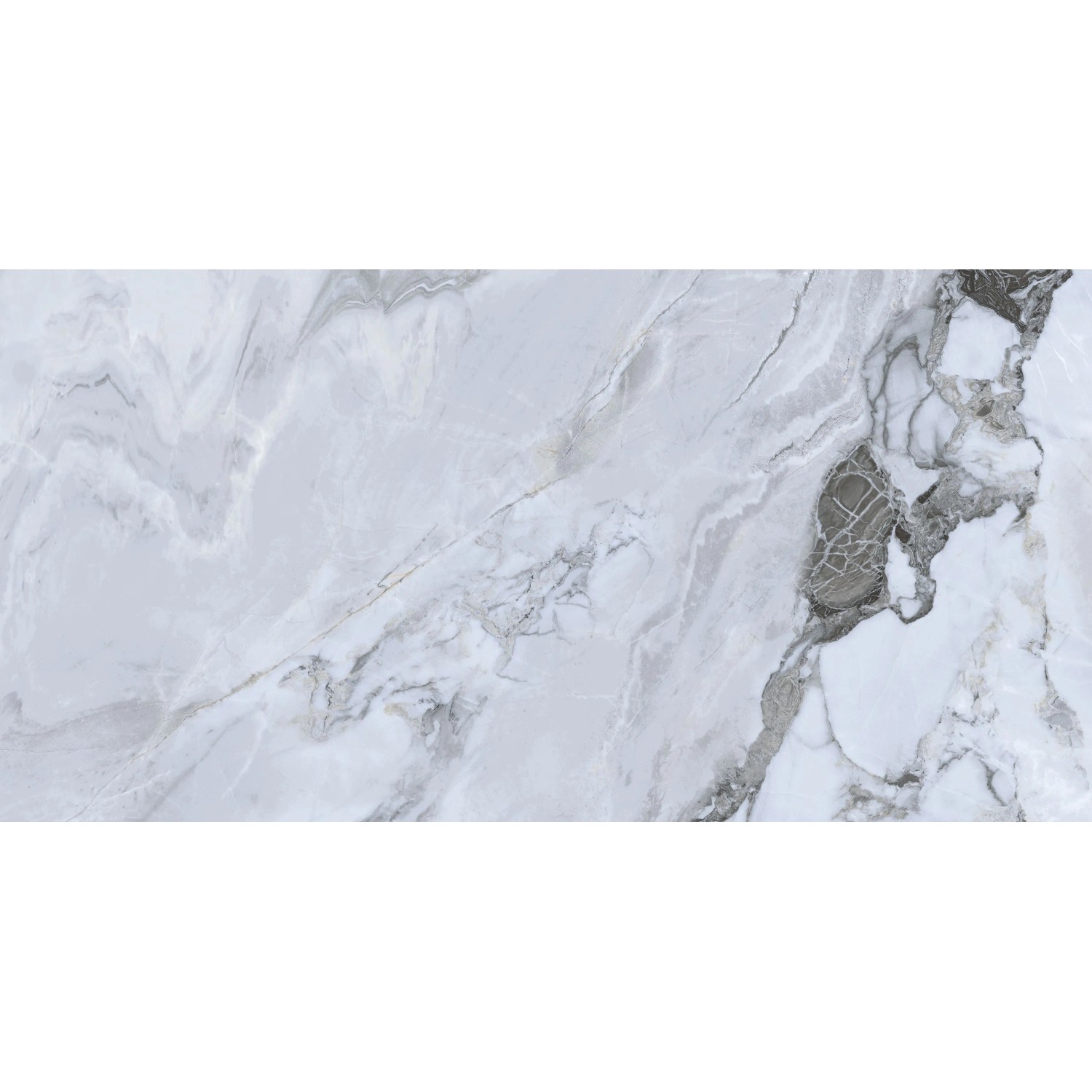 Glänzende Feinsteinzeug Bodenfliese Galaxy Grau, poliert, mit weißer und dunkler Naturstein-Maserung, 60x120 cm.