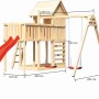 Karibu Stelzenhaus Frieda mit Schaukel, Kletterwand und roter Rutsche. Spielturm aus Holz mit Maßen.