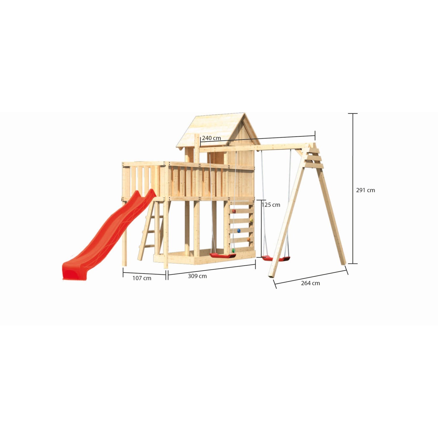 Karibu Stelzenhaus Frieda mit Schaukel, Kletterwand und roter Rutsche. Spielturm aus Holz mit Maßen.