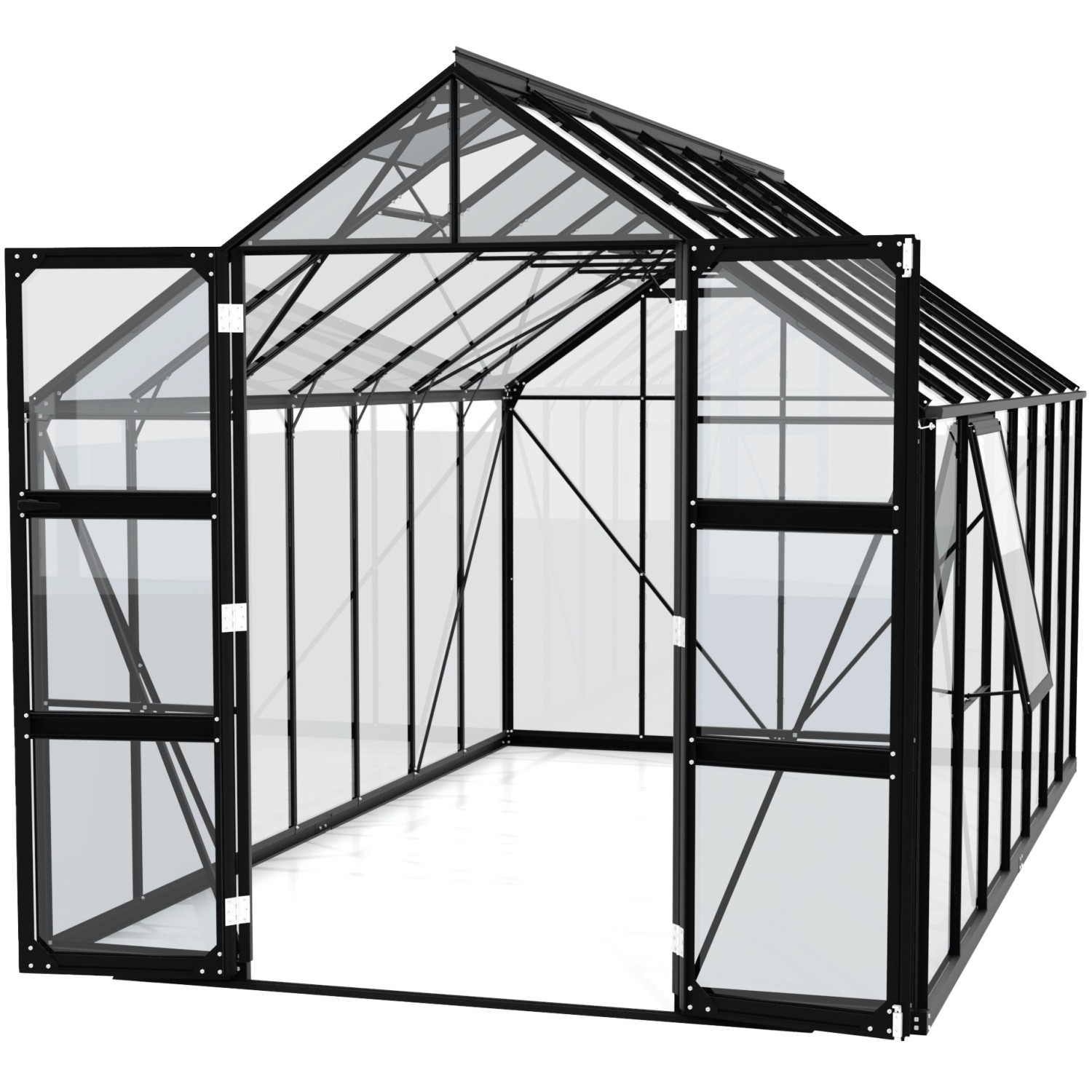 Vitavia Gewächshaus Olymp 11500, 11,5 m², schwarz, mit geöffneten Doppeltüren und Fundamentrahmen.
