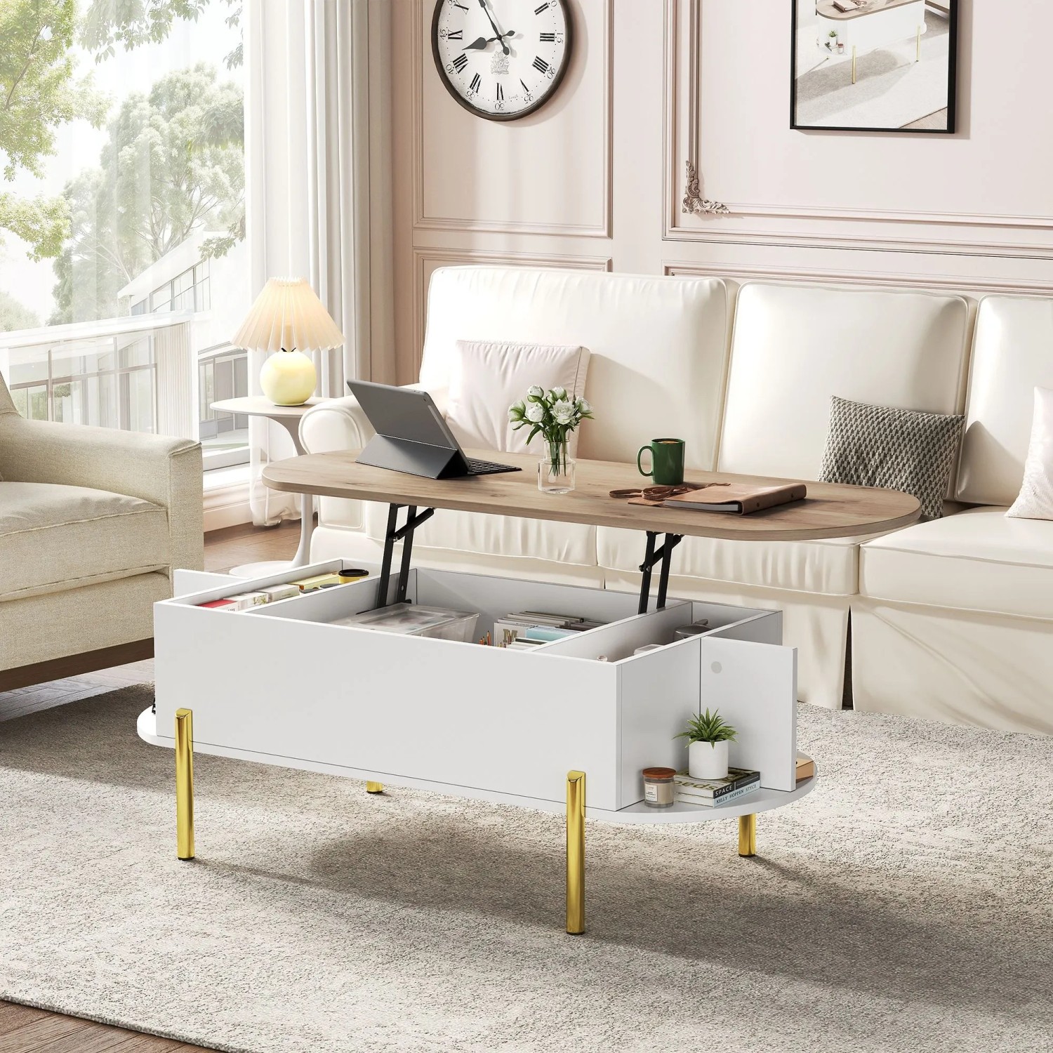 okwish Couchtisch mit HöhenVerstellbarer Platte Stauraum Ablageflächen 120x50x43cm Weiß kaufen bei OBI