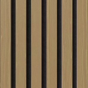 Akustikpaneel Muster Eiche/Schwarz: Wandpaneel mit Holzleisten und Filz für Schallschutz.