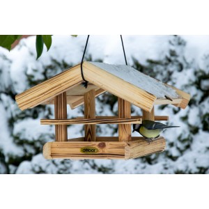 Geflammtes Kiefer Vogelhaus Quemado mit Vogel, 30x34,5x22,5cm, FSC® zertifiziert.