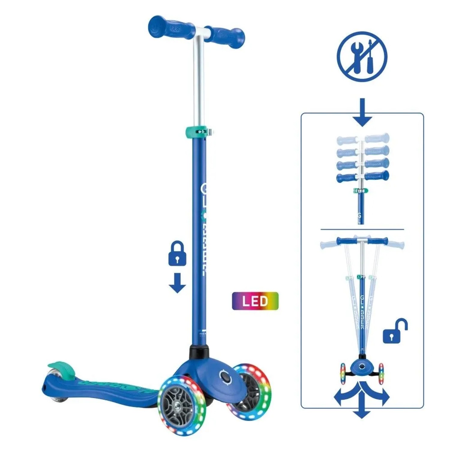 Blauer Globber Primo Plus Lights Kinderscooter mit 3 Rädern, höhenverstellbarer Lenkstange und leuchtenden LED-Rollen.