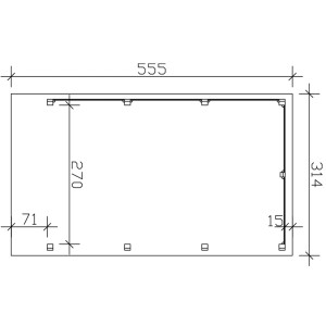 Skizze Carport Friesland Set 1: 314x555cm, Nussbaum, Maße und Pfostenpositionen.