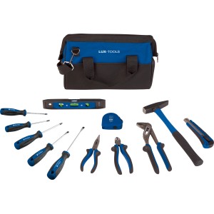 LUX Classic Werkzeugset, 13-teilig, mit Werkzeugtasche, Hammer, Schraubendrehern, Zangen, Wasserwaage und Maßband.