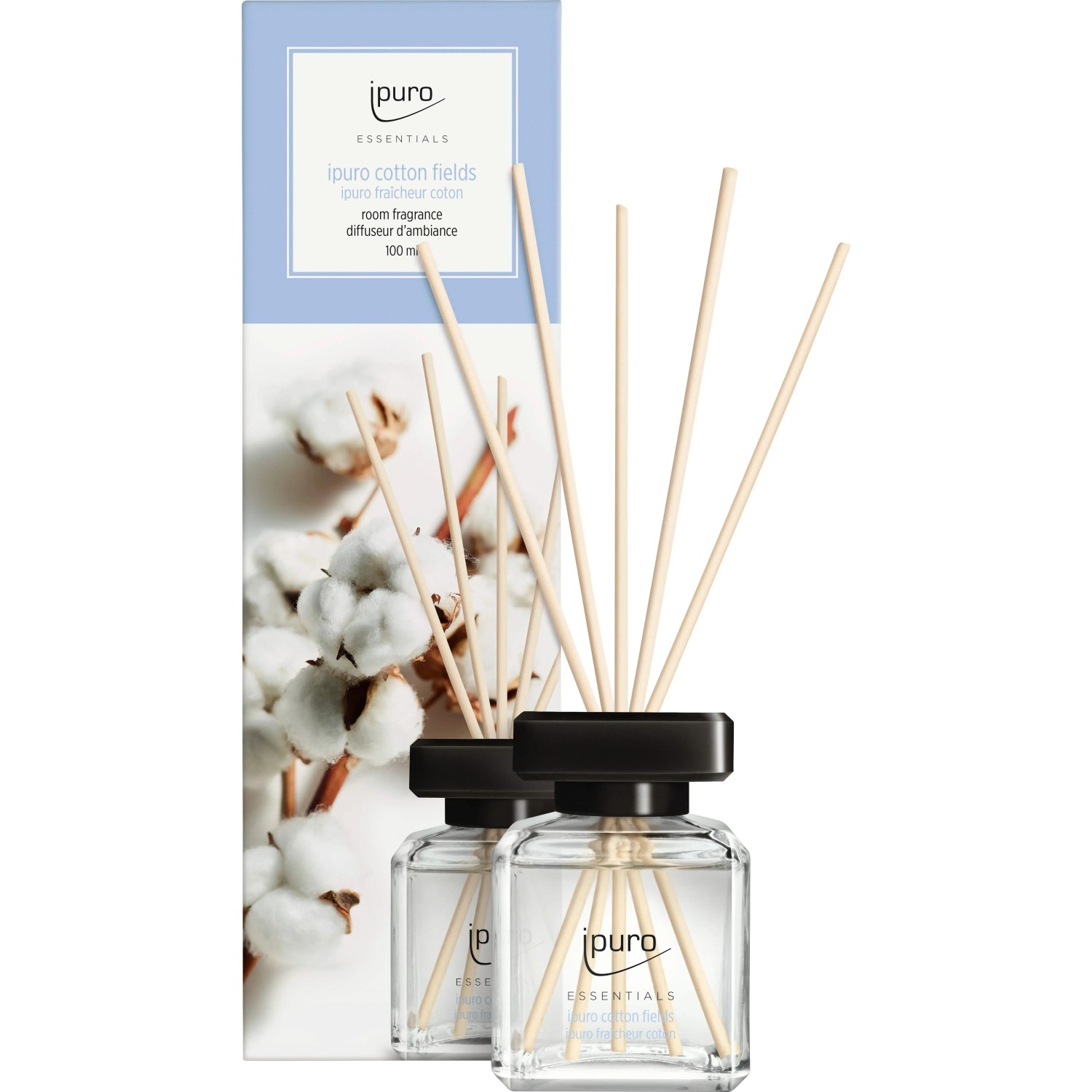 ipuro Raumduft Cotton Fields, 100ml. Lufterfrischer mit Duftstäbchen und Baumwollblüten-Motiv.