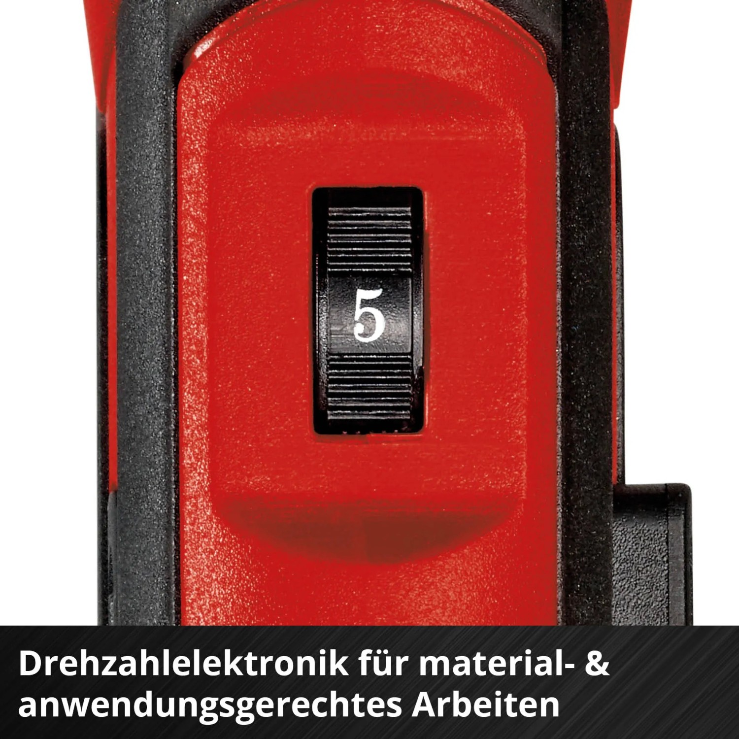Detailaufnahme: Drehzahlregler der Einhell Akku-Oberflächenbürste PICOBELLA 18/215 auf Stufe 5.