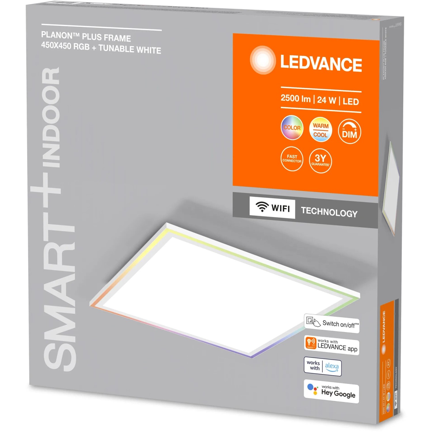 Verpackung der Ledvance Smart+ WiFi Panelleuchte Planon Plus 45x45 cm mit Farbwechsel.