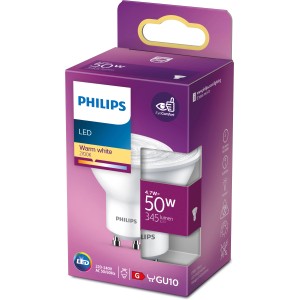Philips LED GU10 Leuchtmittel, 4,7W, warmweiß, in Produktverpackung.