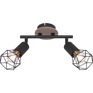 Globo Spots 2er Xara I aus Holz und schwarzem Metall mit zwei Leuchten und Gitter-Design.