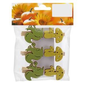 Holzklammern mit Pilz- und Eichhörnchen-Motiv, 6er-Set, Herbstdeko.