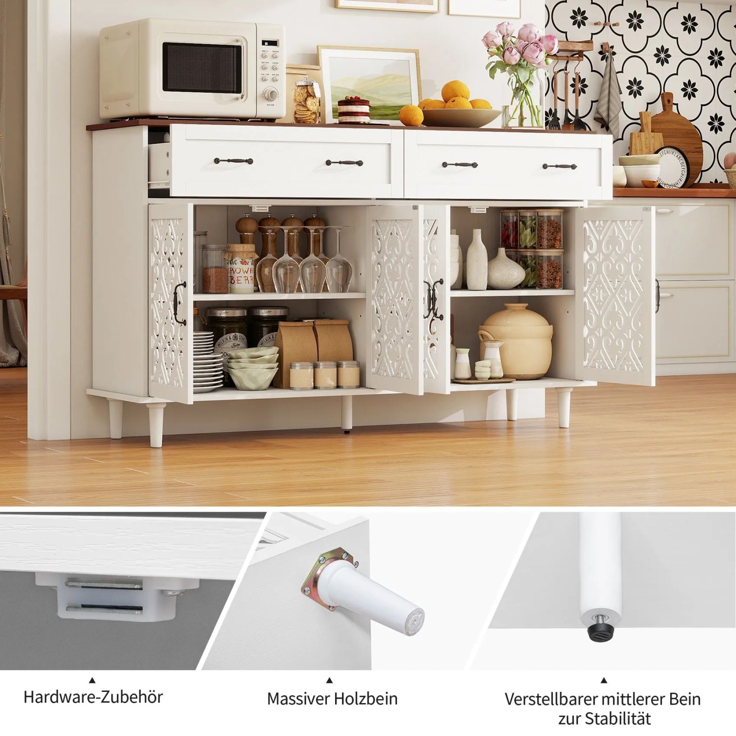 okwish Sideboard mit 4 Türen 2 Schubladen Wohnzimmer 150x90x40cm Weiß_7