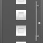 Anthrazitfarbene Haustür Thermospace Wien Prime mit Edelstahlgriff und vier quadratischen Glaseinsätzen.