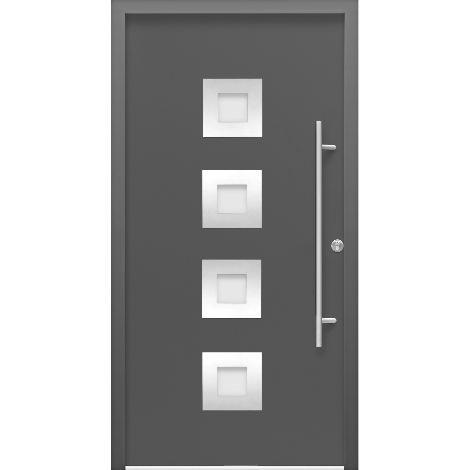 Anthrazitfarbene Haustür Thermospace Wien Prime mit Edelstahlgriff und vier quadratischen Glaseinsätzen.