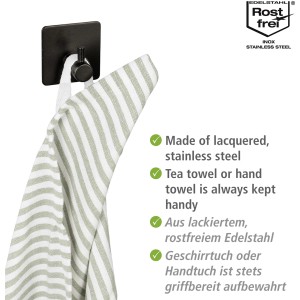 Wenko Ureo Wandhaken 2er-Set, schwarz, mit Handtuch. Edelstahl rostfrei für Küche & Grill.