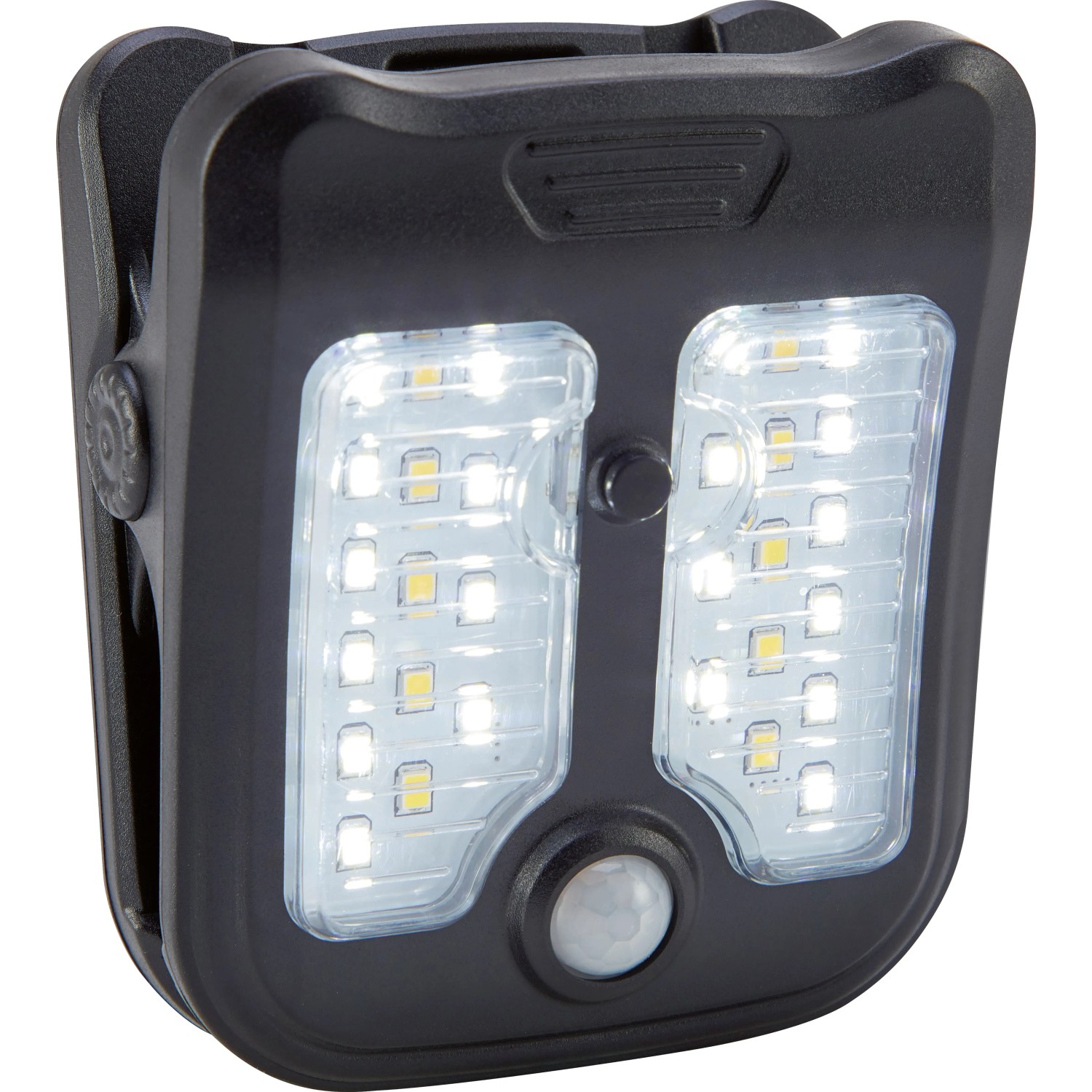 Schwarze Solar LED Gartenleuchte mit Clip-on und Bewegungsmelder. Ideal für Wegeleuchten.