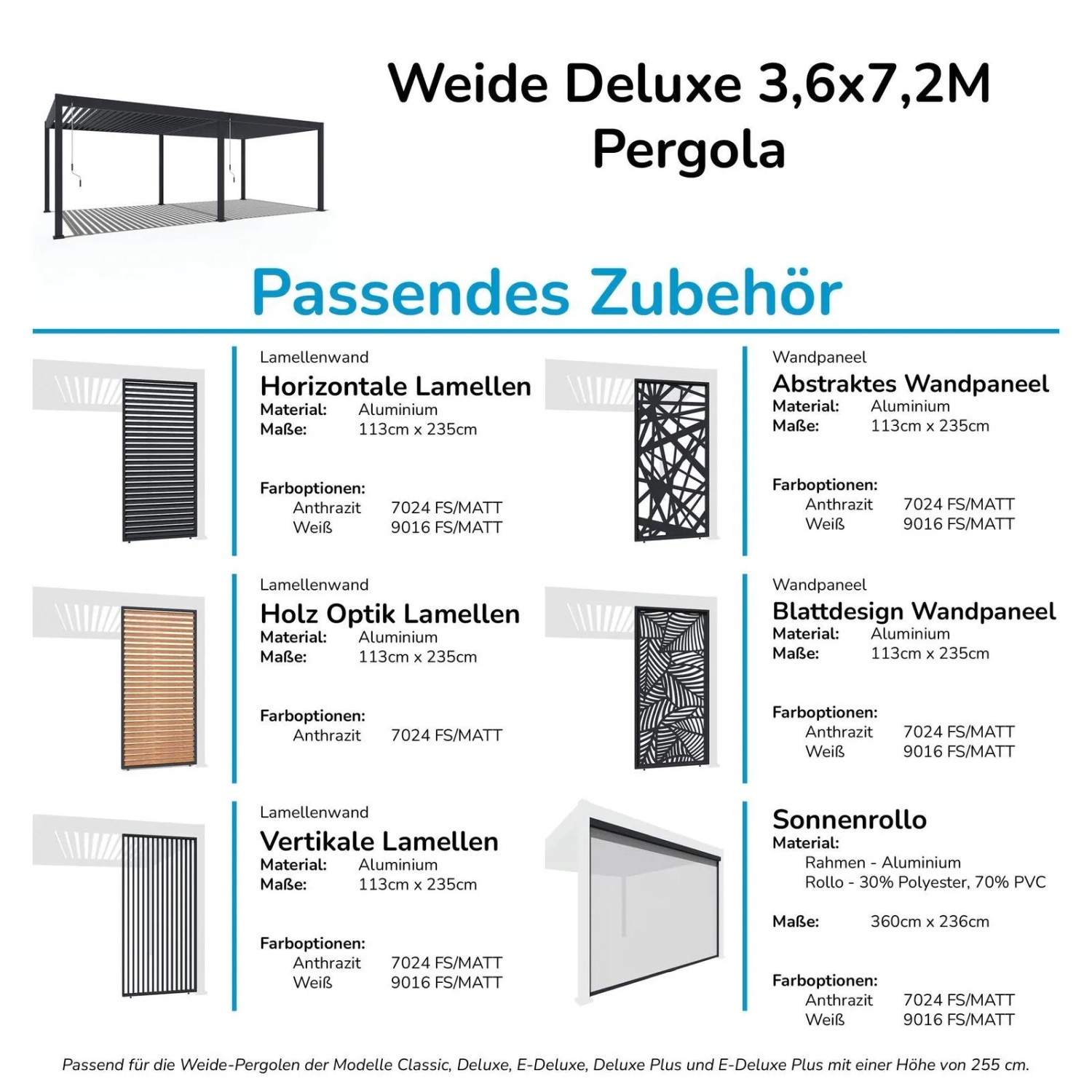 Weide Deluxe Pergola mit Lamellendach und passendem Zubehör: Lamellenwände, Wandpaneele, Sonnenrollo in Anthrazit/Holzoptik.