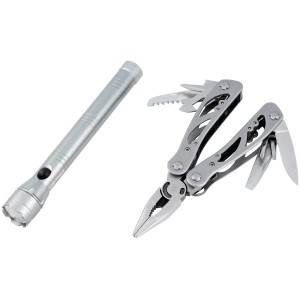 LUX Multitoolset 12-in-1: Multitool und Taschenlampe aus Metall im Set.